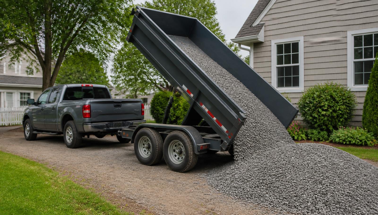 Small dump trailer tipping a load of crushed gravel onto a residential driveway